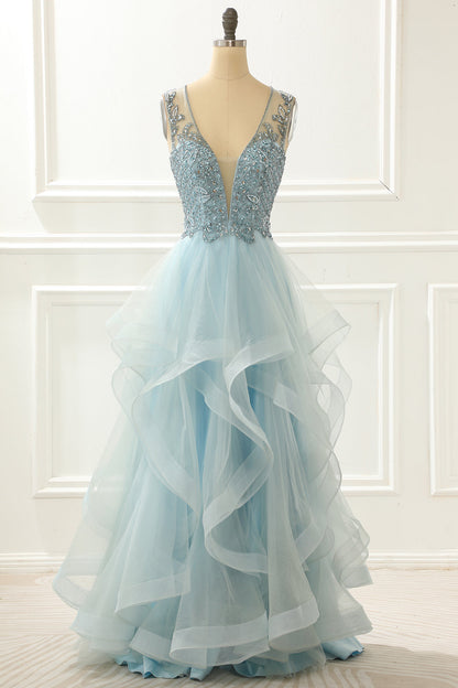 A Line Light Blue Beading Prom Dress With Appliques