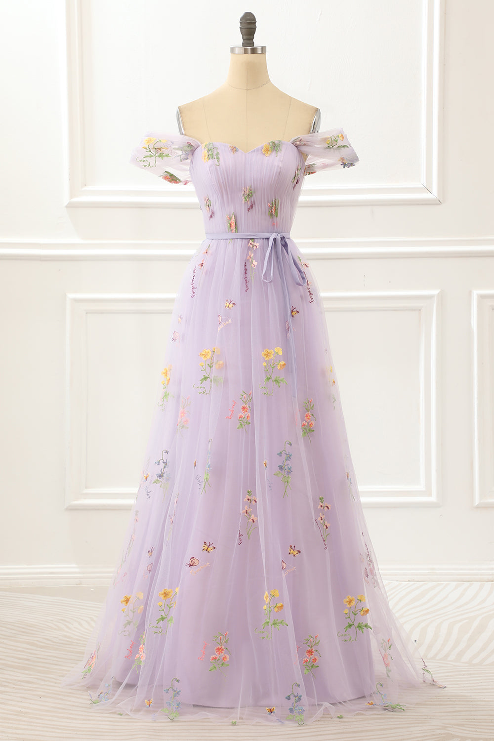 A Line Tulle Off Shoulder Lavender Prom Dress With Embroidered