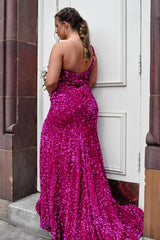 Sparkly Mermaid One Shoulder Sequins Sweeping Long Prom Dress with Slit