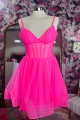 Hot Pink V Neck Straps Tulle Homecoming Dress Hoco Dresses