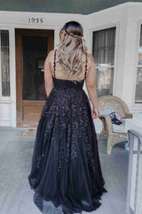 Elegant A-line Long Baby Blue Straps V-Neck Lace Prom Dresses