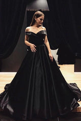 Black Satin Evening Gown with Fold Off-the-shoulder,Prom Dresses