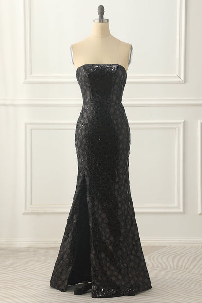 Black Sheath Strapless Sequins Prom Dress