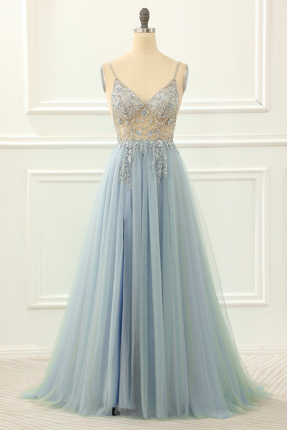 Blue Beading Tulle A Line Sparkly Prom Dress