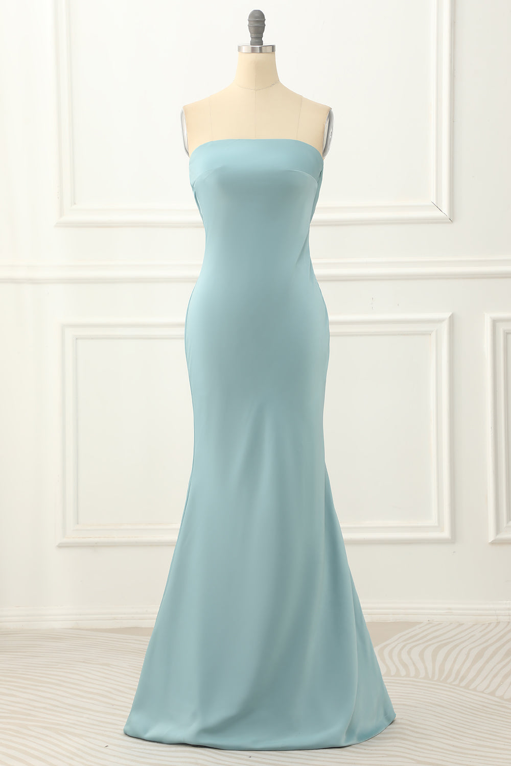 Blue Strapless Sheath Satin Prom Dress