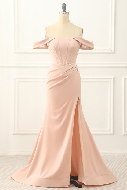 Blush Off The Shoulder Mermaid Prom Dress With Slit