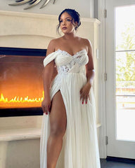 Unique Long White Chiffon Prom Dress,Leg Split Evening Gowns with Back Open