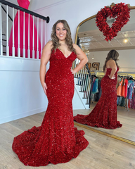 Plus Size Mermaid Spaghetti Straps Sequins Long Prom Dress Red Elegant Evening Dresses