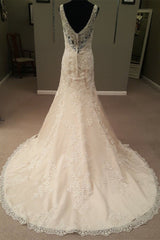 Mermaid Long Champagne Bridal Dress with Lace,Dream Wedding Gown