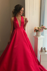 Deep V Neck Red Prom Dresses Satin Skirt,Women Formal Party Dress