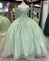 Off The Shoulder Sage Green Ball Gown With Flowers Sweet 16 Dress Quinceanera