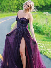 Sweetheart A-line Plum Beaded Tulle Long Prom Dress with Slit