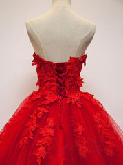 Pretty Red Sweetheart Strapless Ball Gown Applique Tulle Long Prom Dress,Party Dresses