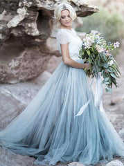 Dusty Blue Tulle Wedding Dress,Two Piece Wedding Dresses for Photoshoot