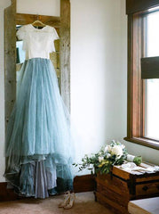 Dusty Blue Tulle Wedding Dress,Two Piece Wedding Dresses for Photoshoot