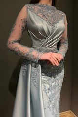 Gorgeous Grey Long Sleeves Jewel Mermaid Satin Prom Dress with Appliques