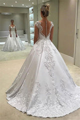 Designer Wedding Dresses with Long Sleeves,A Line Satin White Bridal Dress