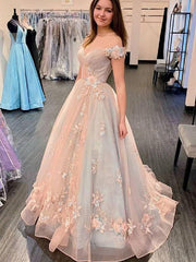Elegant Pink Blue Off-shoulder Floral A-line Long Prom Dress