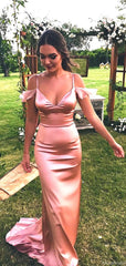 Elegant Sexy Shiny Pink Spaghetti Strap V-neck Mermaid Long Prom Dress With Trail
