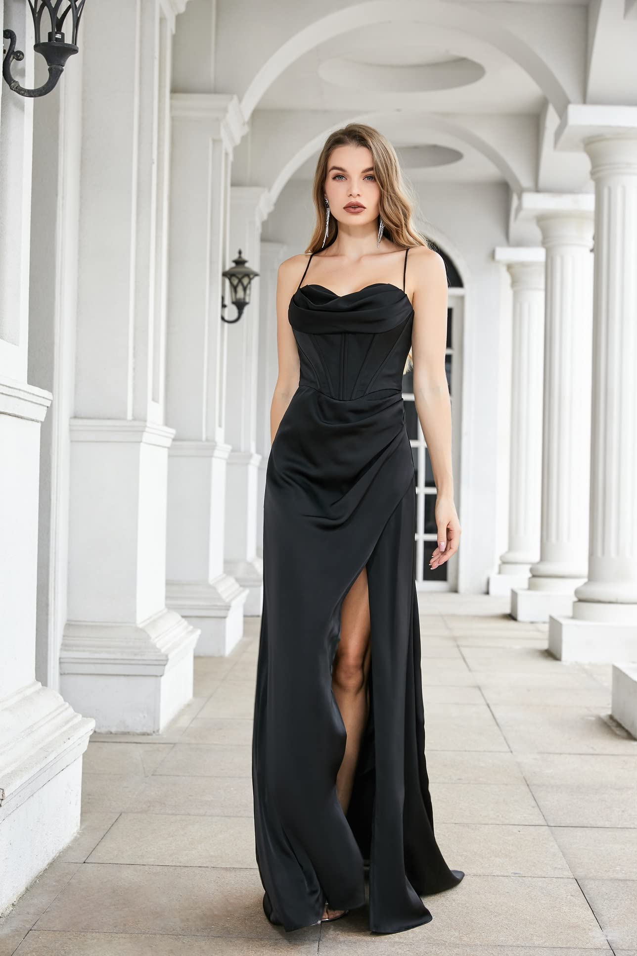 Engerla Sexy High Slit Evening Dresses Spaghetti Satin Ruched Shower Party Dress Pageant Celebrity Gown