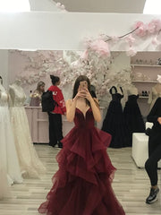 Elegant A-line Spaghetti Straps Ruffles Prom Dress,Dark Red Senior Formal Gown