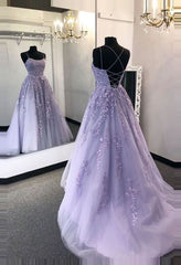 Lavender Applique Tulle Long Evening Dresses Formal Gown