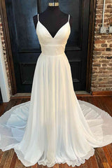 Lace Back White V-Neck A-Line Long Bridal Dress Chiffon Wedding Dresses