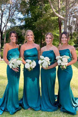 Strapless Green Mermaid Long Bridesmaid Dresses,Best Silk Satin Party Dress for Weddings