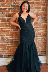 Mermaid Black Appliques Long Prom Dress with Cutout Back