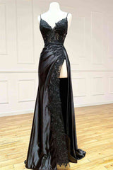 Black Long Appliques Prom Dress with Spaghetti Straps,Vintage Formal Dresses