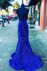 Straps Mermaid Royal Blue Sequins Long Prom Dress with Slit