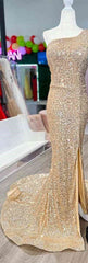 Stunning One Shoulder Mermaid Sequins Slit Long Champagne Prom Dress