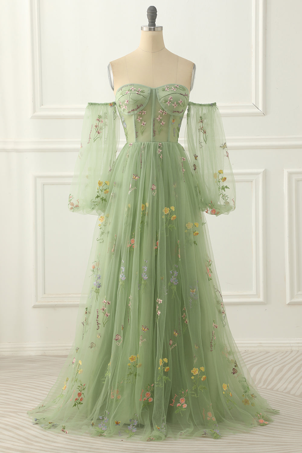 Green Tulle Off The Shoulder A Line Prom Dress With Floral Embroidery