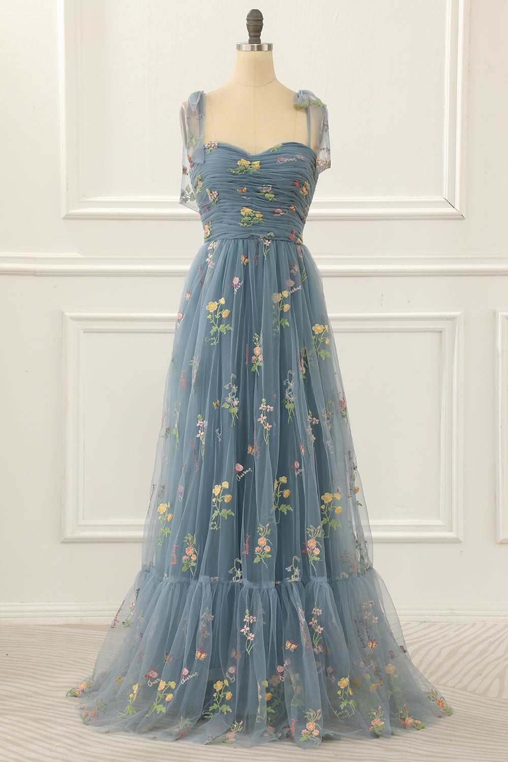 Grey Blue Tulle A Line Prom Dress With Embroidered