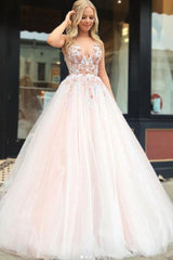 Light Pink V Neck Sleeveless Tulle Prom Dress with Flowers and Beads
