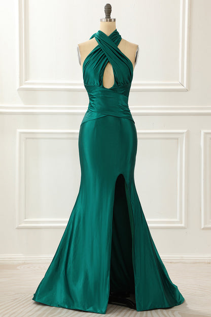 Halter Dark Green Satin Mermaid Prom Dress With Slit