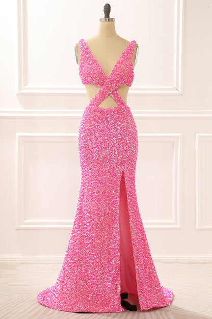 Hot Pink Mermaid Sparkly Prom Dress With Slit