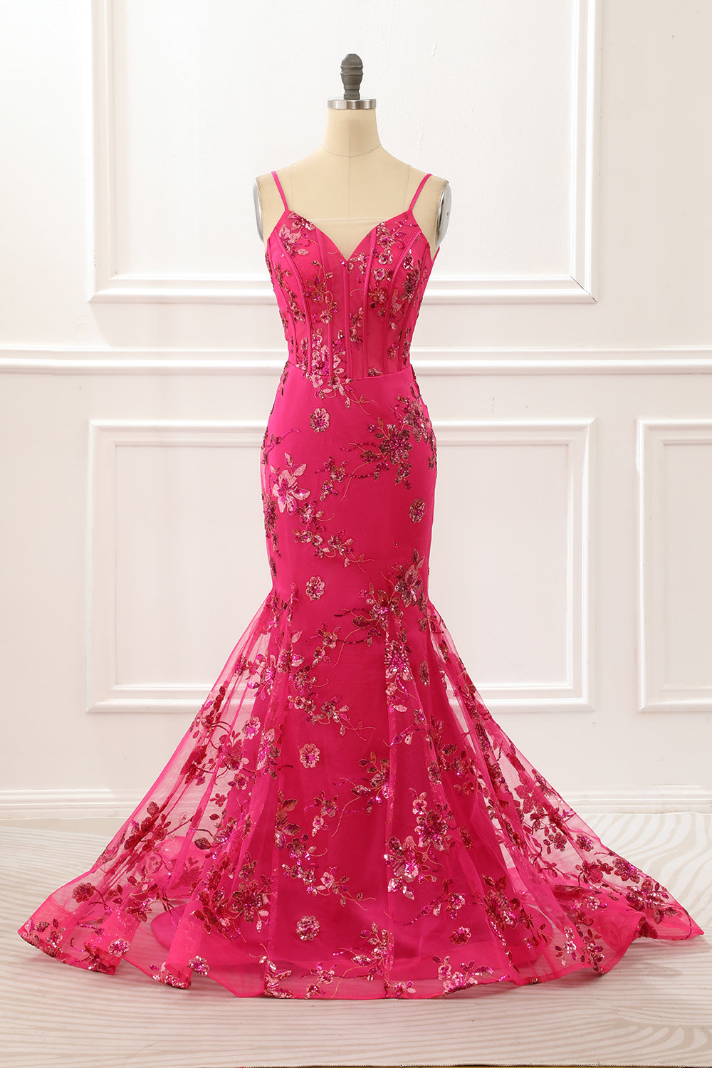 Hot Pink Sequin Print Mermaid Corset Prom Dress
