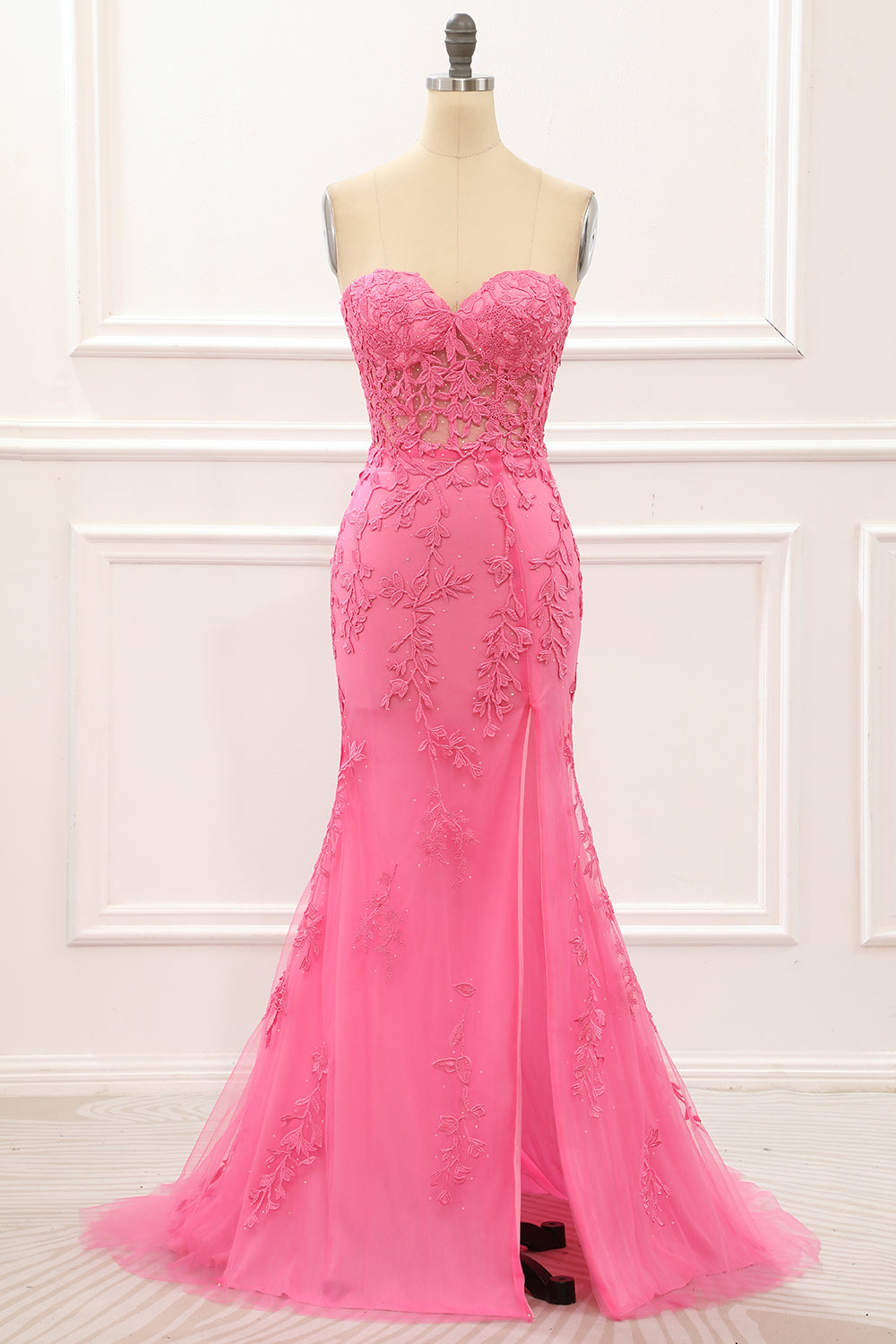 Hot Pink Tulle Lace Up Back Mermaid Prom Dress With Appliques