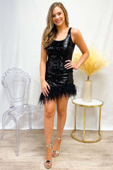 Black Sequin Open Back Cocktail Dress with Feather Semi Formal Dresses