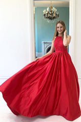 Lace Sleeveless Red Prom Dresses Satin Skirt