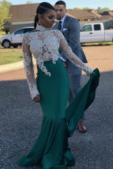 Mermaid Hunter Green Prom Gown with Sheer Lace Beaded Long Sleeves,Prom Dresses