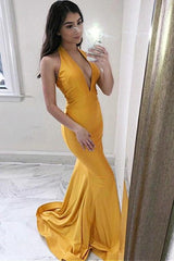 Mermaid Style Yellow Prom Gowns with Deep Halter Neckline,Prom Dresses