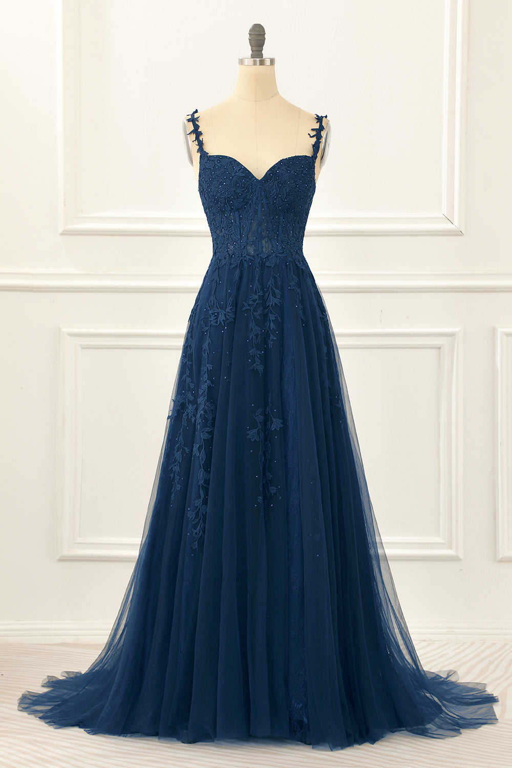 Navy Tulle A Line Corset Prom Dress With Appliques