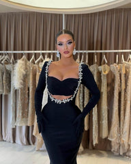 Designers Black Long Sleeves Sweetheart Beads Crystal Mermaid Prom Formal Dress