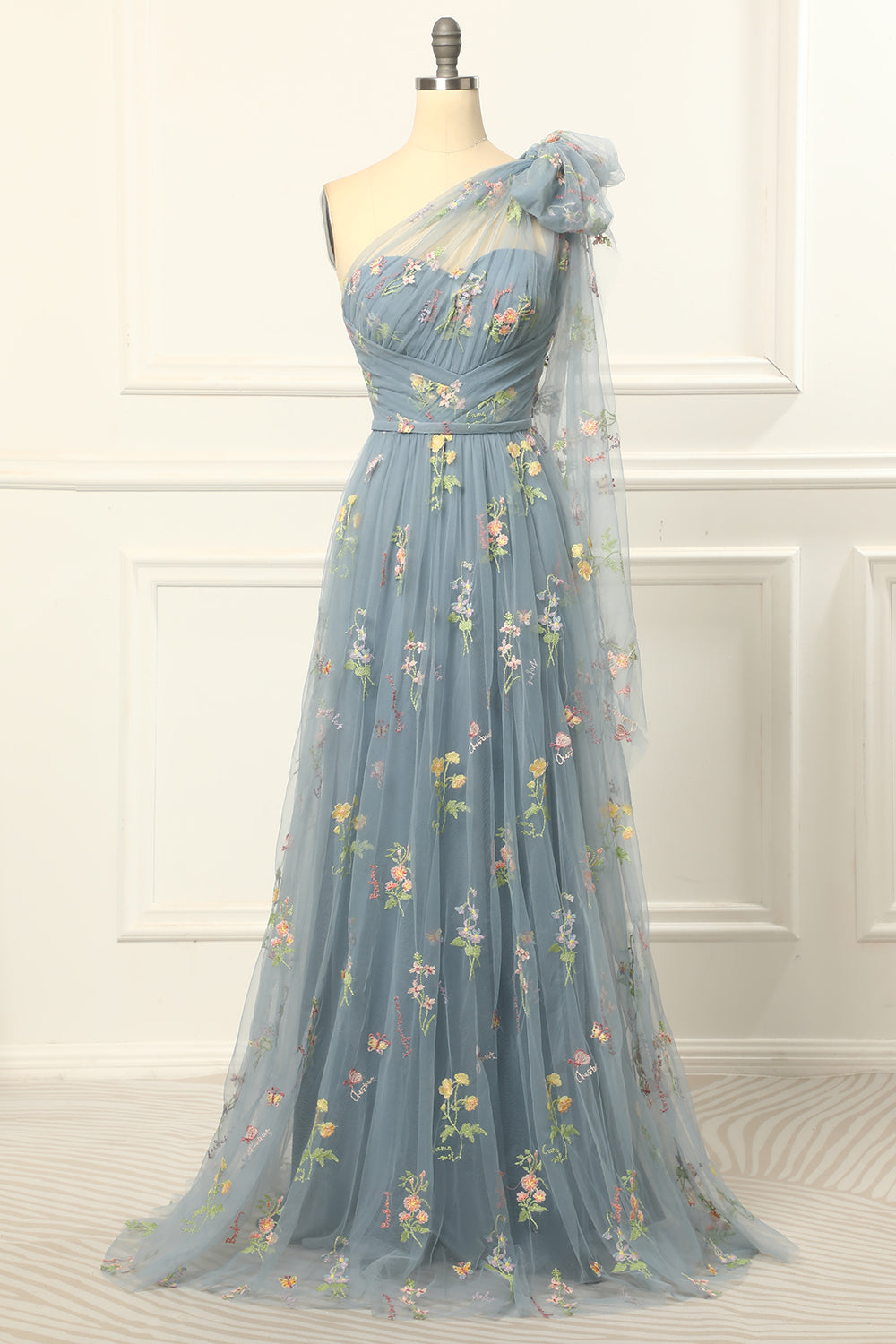 One Shoulder Tulle Blue Prom Dress With Embroidery