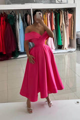 Pink Midi Length Formal Dress Off the Shoulder Satin Prom Dresses