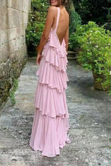 A Line Straps Tiered Chiffon Floor Length Long Prom Dress Pink Formal Evening Dresses