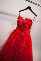 Pretty Red Sweetheart Strapless Ball Gown Applique Tulle Long Prom Dress,Party Dresses