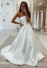 White Strapless Satin Long Prom Dresses,Simple Wedding Dress